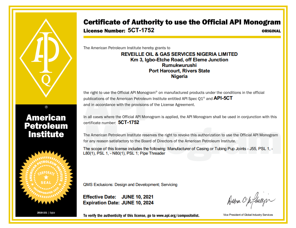 API Spec 5CT certificate of authority to use the official API Monogram, license number 5CT-1752