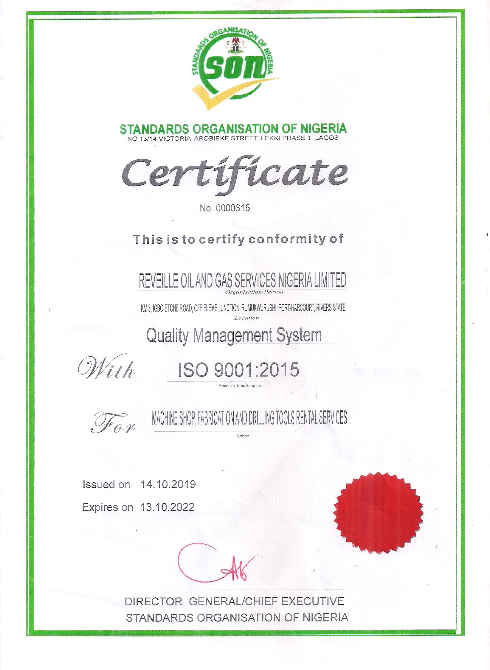 ISO 9001:2015 Quality Management System certificate issued by the Standards Organisation of Nigeria